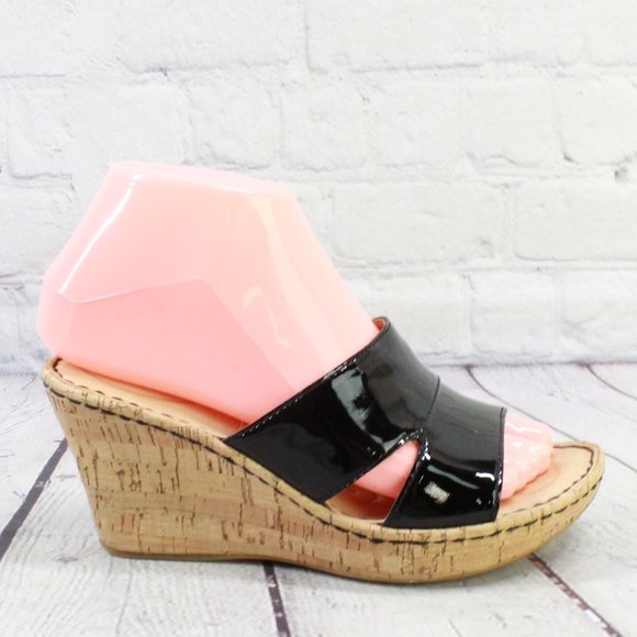 Born Shoes - BORN Black Slide Patent Leather Wedge Sandals Size 6 EU 36.5